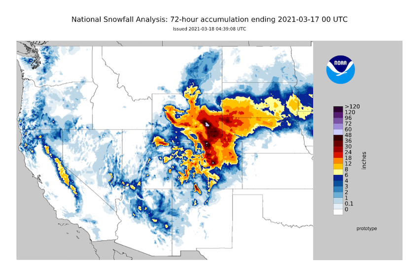 72-hour snowfall accumulation through March 17, 2021.