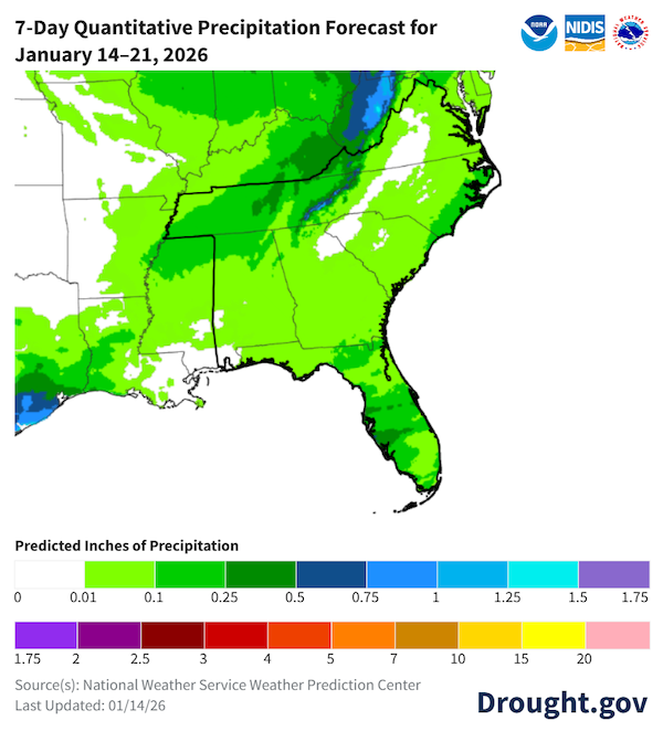 Limited rainfall is expected over the next week across most of the Southeast region, with the exception of the Tennessee-North Carolina border that could receive over half an inch of rainfall.