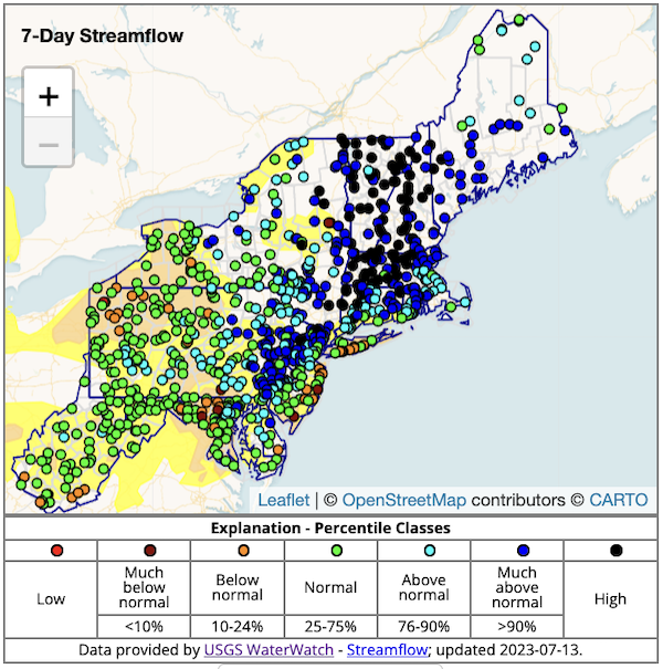 As of July 13, 7-day streamflows are near to above normal across much of the Northeast, with many sites at record highs across New Hampshire and Vermont.