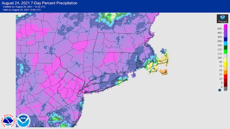 7-day precipitation as a percent of normal for parts of New England. While much of the Northeast received well above normal precipitation, Cape Cod has had below normal precipitation.