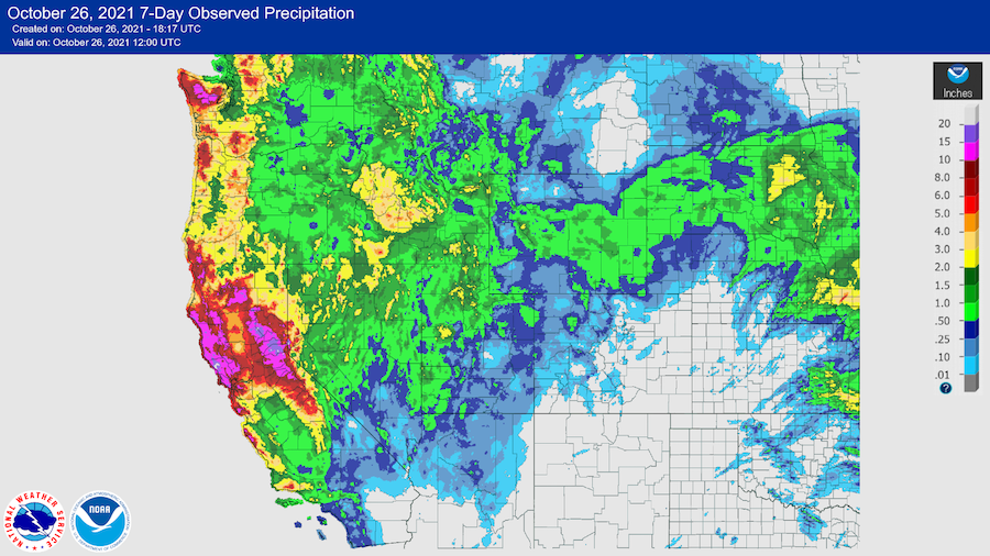 A map of the western United States shows 7-Day Observed Precipitation Totals as of Tuesday October 26, 2021 at 5 am PDT. State and county outlines are shown. The scale is from 0 (gray) to 20 (purple) inches. 0.01 to 20 inches of precipitation fell across the states of CA, NV, UT, WA, OR, and ID from recent storms. The greatest values were observed along the west coast including north/central California and the Sierra crest. 
