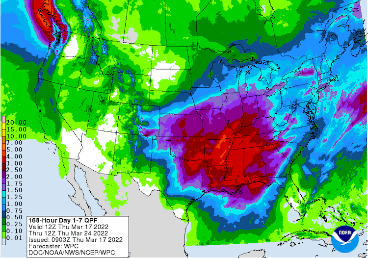 Map showing forecast accumulated precipitation for the dates of 17-24 March. Drought-affected regions of Kansas, Oklahoma, and Texas are forecast to receive between 0.5 and 1.5 inches of precipitation for this period. Eastern New Mexico is forecast to get less than 0.5 inches.  