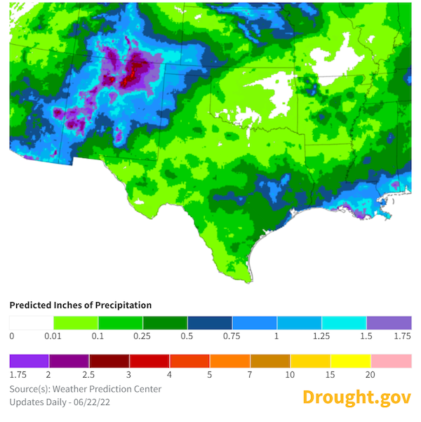 The quantitative precipitation forecast for June 23–30 shows New Mexico and the Oklahoma and Texas Panhandles, along with southeast Texas, receiving over half an inch for the week. The rest of the region can expect 0 to 0.25 inches.