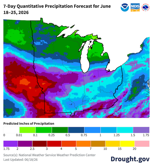This map displays the National Weather Service's 7-day quantitative precipitation forecast for the Midwest from June 18–25, 2026. 3 to 7 inches of rainfall are forecast over western Missouri and southwest Iowa. Portions of Kentucky may receive up to 2.5 inches of rainfall. The Upper Midwest is forecast to only receive 0.01 to 1 inches of rainfall.