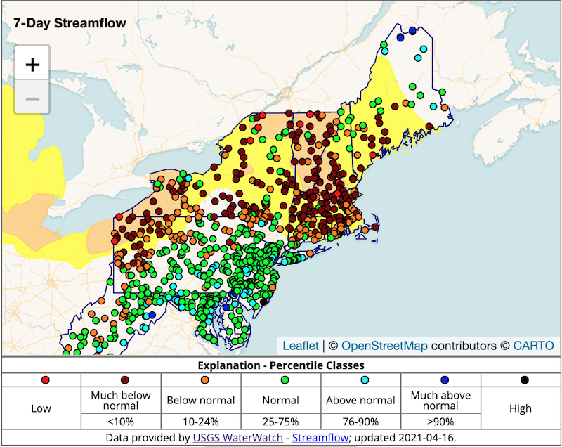 7-day streamflow conditions across the Northeast through April 16, 2021. Streamflows are below normal or much below normal for most of the Northeast, except northeastern Maine.