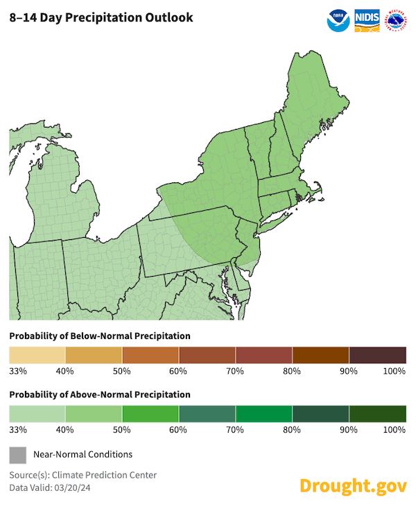 From March 28–April 3, odds favor above-normal precipitation across the Northeast.