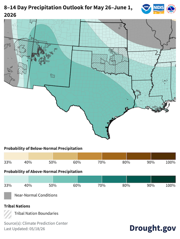 Map of the 8–14 Day Precipitation Outlook for May 26–June 1, 2026. Nearly the entire southern and central U.S. is shaded in teal, indicating a 40% to 60% probability of above-normal precipitation. The highest probabilities (50% to 60%) are in southern Texas. he takeaway is a widespread signal for wetter-than-normal conditions across the southern half of the country during this period.