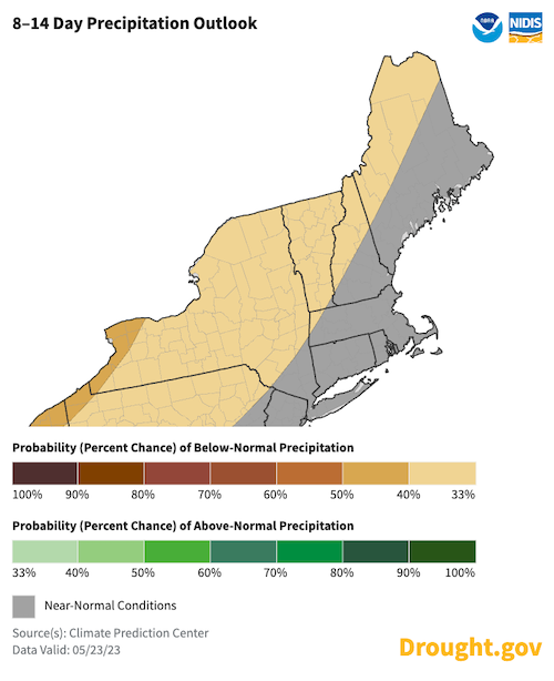 From May 31 to June 6, odds slightly favor below-normal precipitation for most of New York (except Long Island), Vermont, northern and western New Hampshire, and northwestern Maine. Near-normal conditions are favored in the rest of the region.