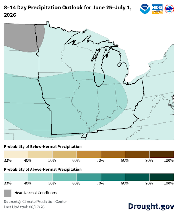  8-14 Day Precipitation Outlook map for June 25 to July 1, 2026, showing the probability of precipitation deviations across the Midwest and Great Lakes regions. The legend includes categories for the probability of below-normal (tan/brown), above-normal (teal/green), and near-normal (gray) precipitation. The map indicates a 33% or greater probability of above-normal precipitation across the entire region, with a core area of 40%–50% probability (medium teal) over Missouri, Illinois, Iowa, and Indiana.