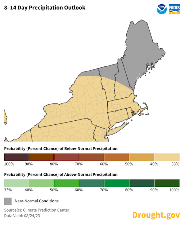 From September 1 to 7, near-normal precipitation is favorable for Maine and the northern portions of Vermont and New Hampshire. Odds slightly favor below-normal precipitation for most of  New York state and the rest of New England.
