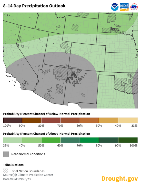 Odds favor  wetter-than-normal conditions for this time of year for northern Colorado, Utah, and Wyoming and near-normal chances of precipitation for Arizona, New Mexico, southern Utah, and Colorado for September 28 - October 4, 2023. 