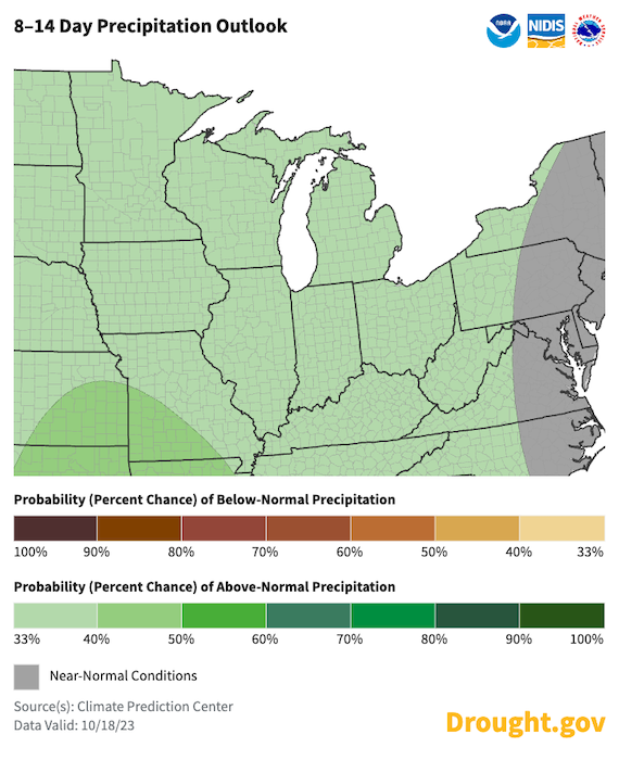 From October 26 to November 1, odds favor above-normal precipitation across the Midwest.