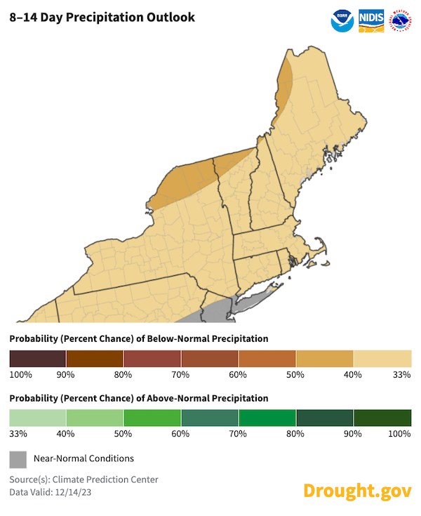 Odds favor below normal precipitation across the Northeast.