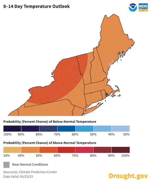 From May 31 to June 6,  odds favor above-normal temperatures across most of the Northeast. 
