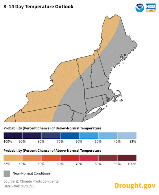 From June 16 to 22, odds favor above-normal temperatures for inland New York and New England, with near-normal temperatures along the coastline.