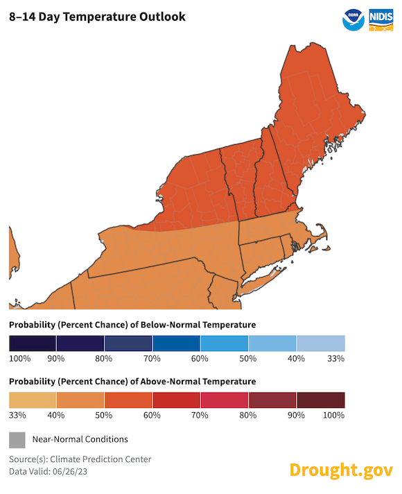 From July 4th to 10th, odds favor above-normal temperatures for New York and New England.