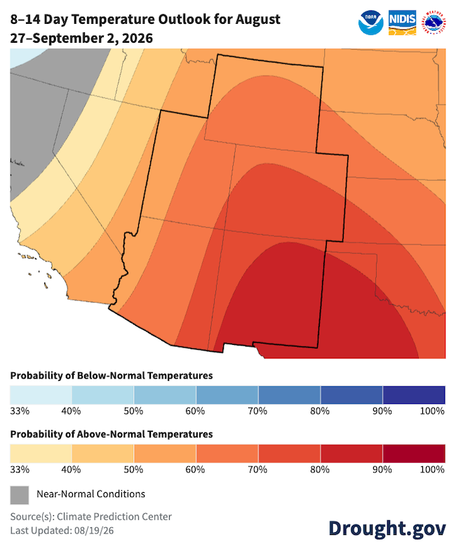 Odds favor above-normal temperatures across the entire Intermountain West for August 27 to September 2. The highest odds of above-normal temperatures are in New Mexico.