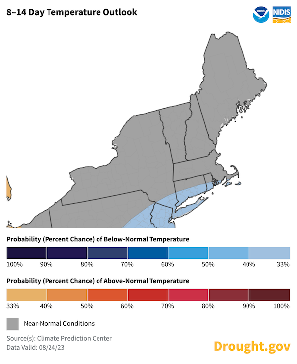 From September 1 to 7, southern New York (including Long Island) and the southern coast of New England can expect below- normal temperatures. 