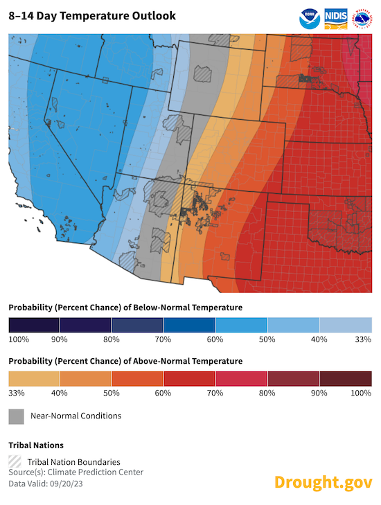 September 28–October 4 is likely to be warmer than normal for the eastern portions of Colorado, New Mexico, and Wyoming.