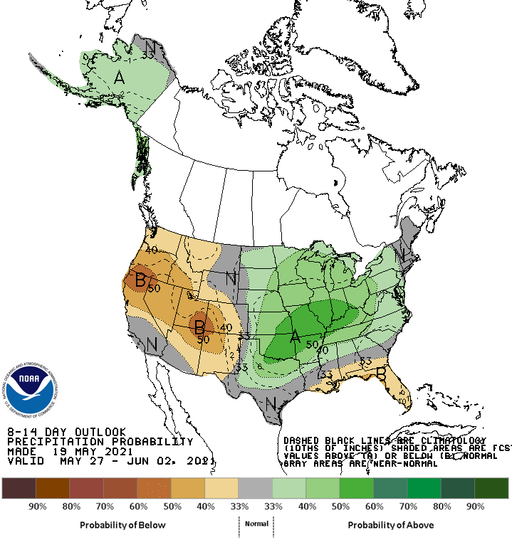 Climate Prediction Center 8-14 day precipitation outlook, showing the probability of exceeding the median precipitation for May 27 through June 2, 2021. Odds favor below normal precipitation for the western US and the gulf coast except for Texas. Southern Texas can expect near normal precipitation for the forecast period.