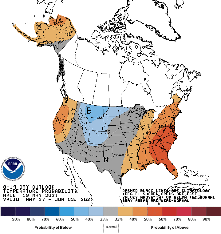 Climate Prediction Center 8-14 day temperature outlook, showing the probability of exceeding the median temperature for May 27 through June 2, 2021. Odds favor above normal temperatures for the eastern U.S. while odds favor near normal temperatures southern Texas and much of the West.