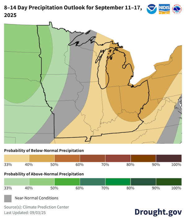 For September 11–17, odds favor below-normal precipitation (33-50%) across Michigan, Ohio, Indiana, and northeast Kentucky. Odds favor above-normal precipitation (33%-50% probabilities) across far western Minnesota and Iowa.