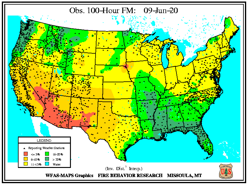 National Fire Danger Rating System Dead Fuel Moisture, 100-h, 1 to 3" diameter, USFS Wildland Fire Assessment System