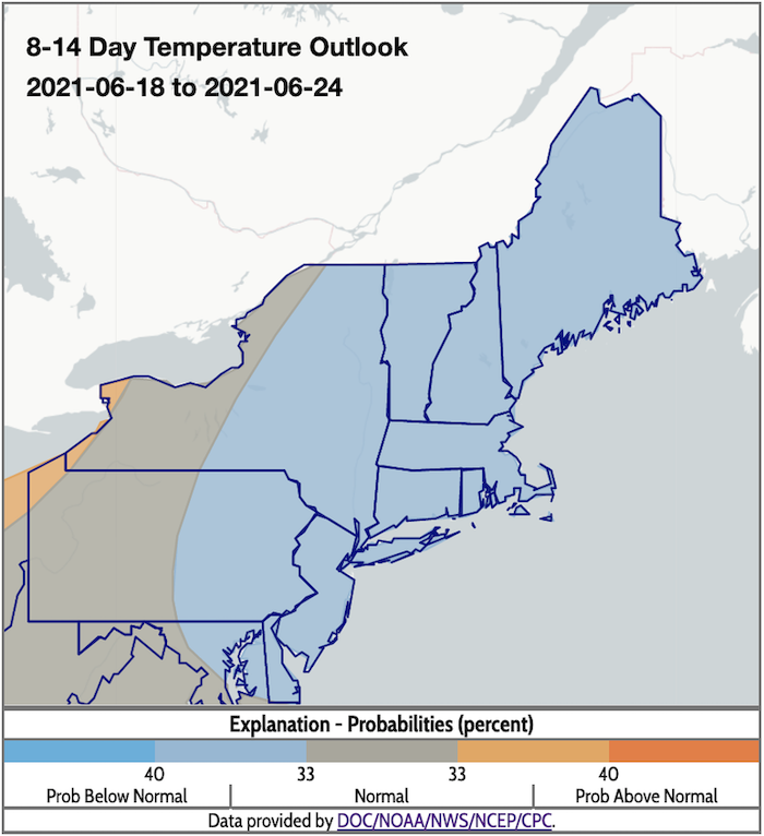 Climate Prediction Center 8-14 day temperature outlook for the U.S., from June 18-24, 2021.