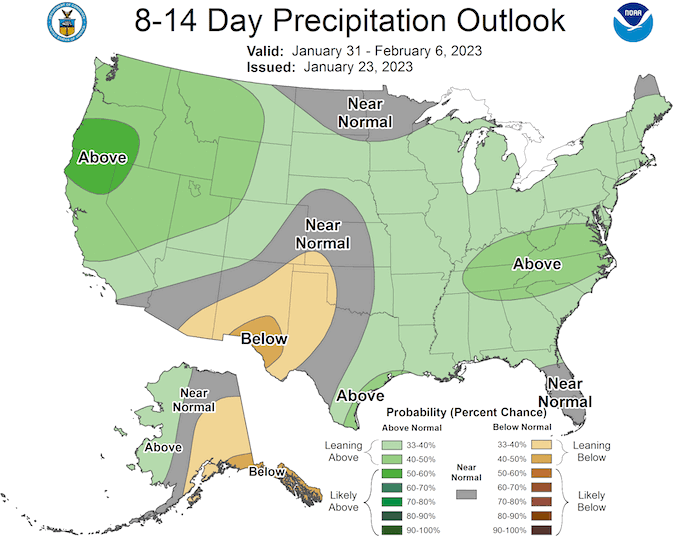 From January 31 to February 6, odds slightly favor above-normal precipitation for almost all of California and the western states.