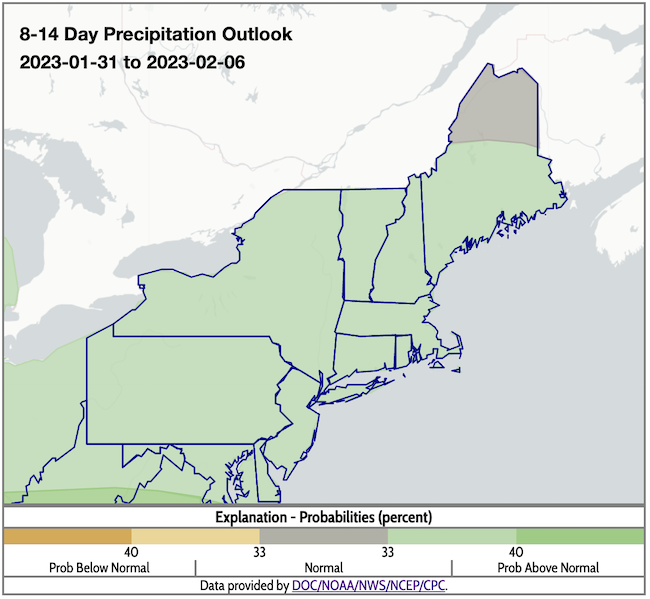 From January 31 to February 6, odds favor above-normal precipitation across most of the Northeast, and near-normal conditions in northern Maine..