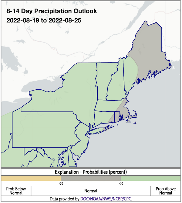 From August 19 to 25, odds favor above-normal precipitation for most of the region, except for Rhode Island, eastern Massachusetts, and central and eastern Maine, which favor near-normal conditions.
