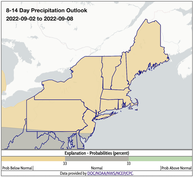 From September 2-8, odds favor below-normal precipitation for the entire Northeast.