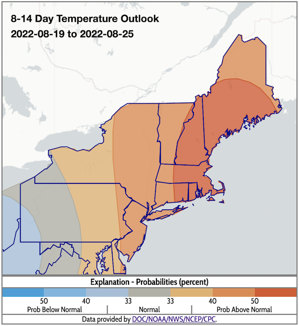 From August 19 to 25, odds favor above-normal temperatures across the Northeast, except for far-western New York..