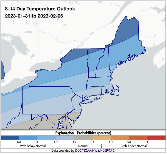 From January 31 to February 6, odds favor below-normal temperatures across the Northeast.