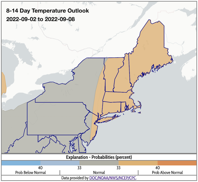 From September 2–8, odds favor above-normal temperatures across the Northeast, except for western/central New York and the northwestern corner of Vermont.