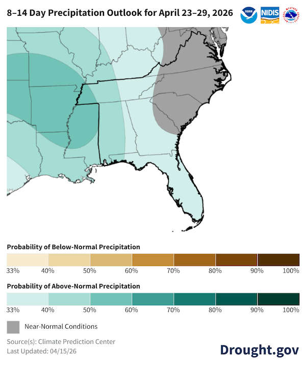  Near-normal to above-normal precipitation is expected over the next 8-14 day period for the Southeast, with near-normal precipitation in the Carolinas, Virginia, and portions of Georgia and a 33% to 60% change of above-normal precipitation for Alabama, Florida, Tennessee, and portions of Georgia. 