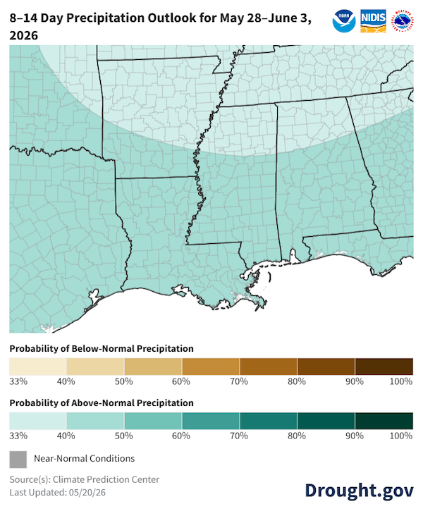 Map of the 8–14 Day Precipitation Outlook for May 28–June 3, 2026.  The entire southern and southeastern U.S. is shaded in teal, indicating a 33% to 50% probability of above-normal precipitation. The highest probabilities (40% to 50%) are in Southern Arkansas, Central and Southern Mississippi, and Louisiana.