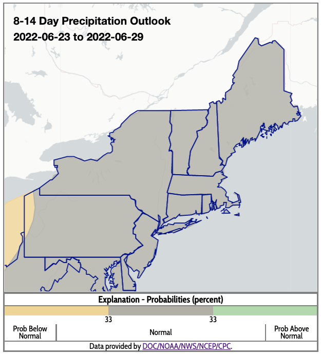 The entire region has a greater likelihood of near-normal precipitation from June 23-29.