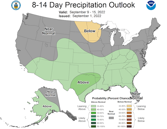 The 8-14 day precipitation outlook for September 9-15 favors above-normal precipitation across southern portions of the region, near-normal precipitation across the central Midwest, and below-normal precipitation across Minnesota.