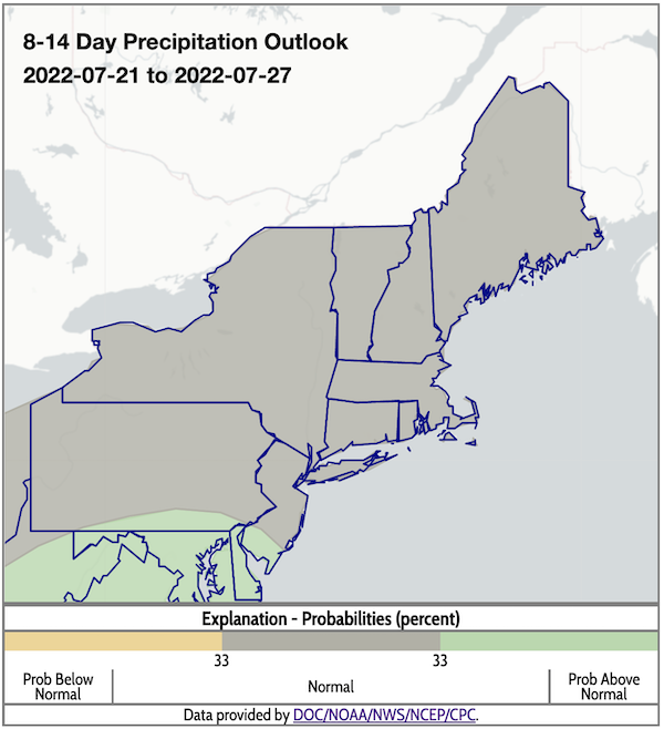 From July 21 to 27, odds favor near-normal precipitation conditions across the Northeast.