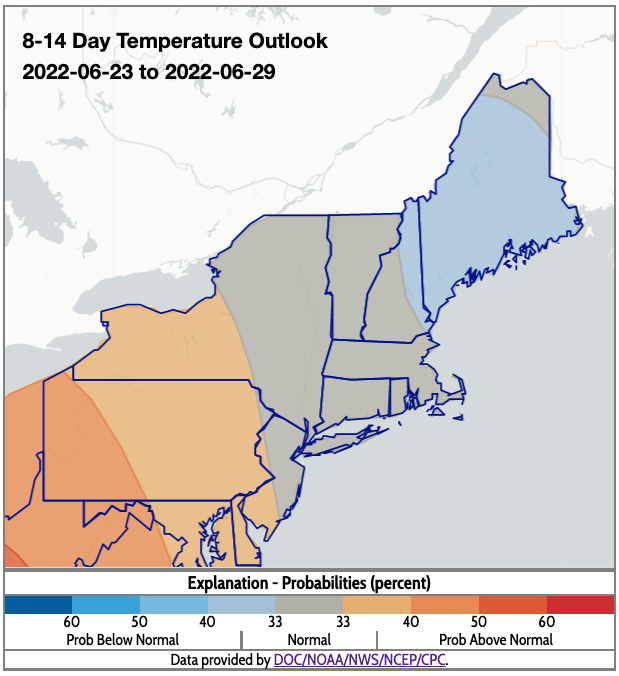 From June 23-29, odds favor below-normal temperatures for most of Maine, as well as far-eastern New Hampshire. Odds favor above-normal temperatures for western Vermont