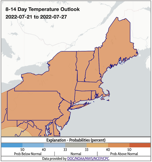 From July 21 to 27, odds favor above-normal temperatures across the Northeast.