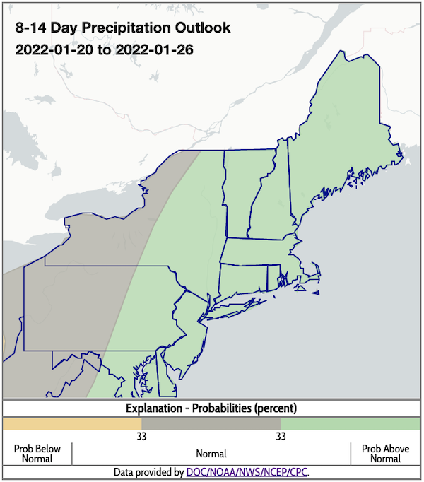 Climate Prediction Center 8-14 day precipitation outlook for the Northeast, showing the probability of above, below, or near normal conditions from January 20–26, 2022.