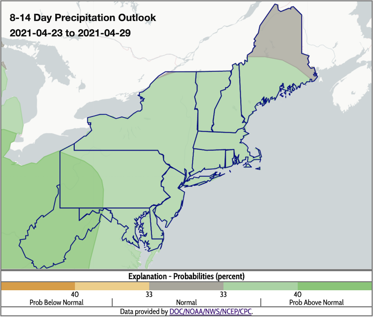 Climate Prediction Center 8-14 day precipitation outlook, valid for April 23 to April 29, 2021. Odds favor above-normal precipitation across most of the Northeast, except northern Maine.