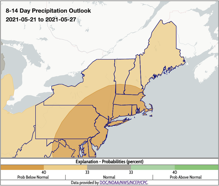 Climate Prediction Center 8-14 day precipitation outlook for the Northeast, as of May 14, 2021. Odds favor below-normal precipitation across the region.