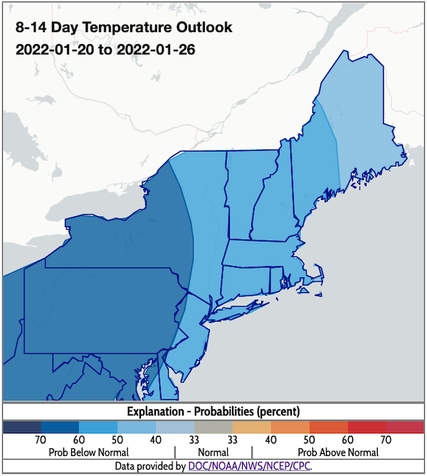 Climate Prediction Center 8-14 day temperature outlook for the Northeast, showing the probability of above, below, or near normal conditions from January 20–26, 2022.