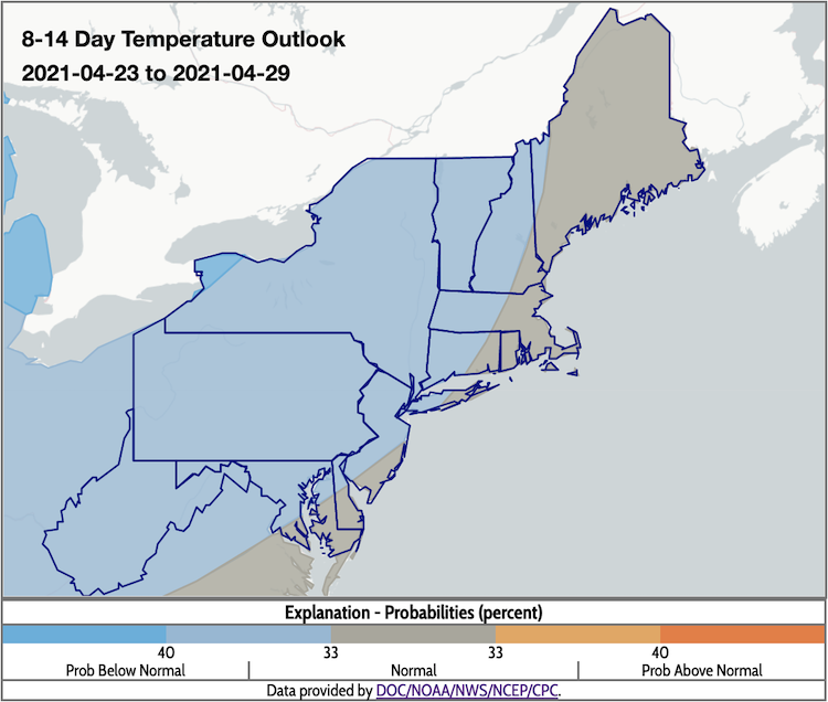 Climate Prediction Center 8-14 day temperature outlook, valid for April 23 to April 29, 2021. Odds favor below-normal temperatures across New York, Vermont, and eastern parts of Massachusetts, New Hampshire, and Connecticut.