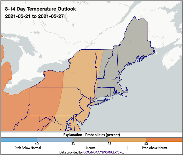 Climate Prediction Center 8-14 day temperature outlook for the Northeast, as of May 14, 2021. Odds favor above-normal temperatures actoss New York and into western Vermont, Massachusetts, and Conencticut.