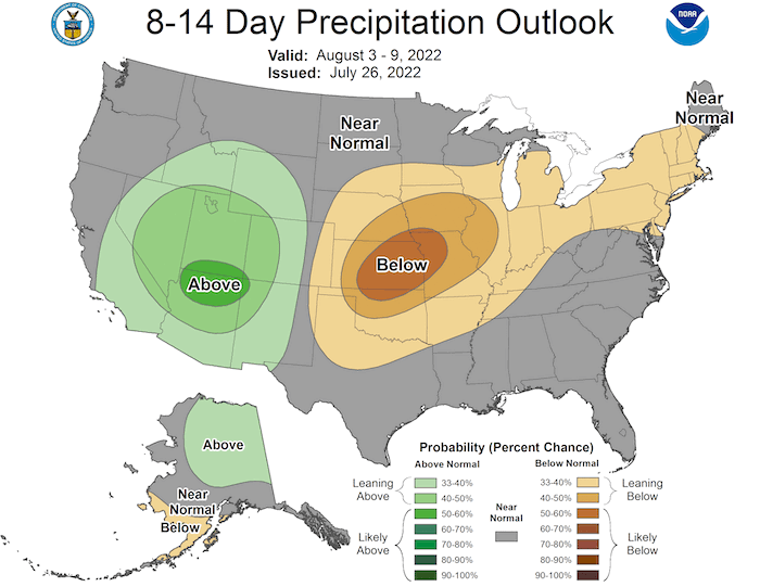 The 8-14 day precipitation outlook for August 3-9, 2022 favors near- to below-normal precipitation for the Missouri River Basin states.