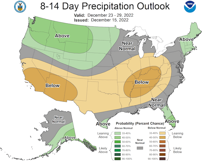 From December 23rd to 29th, odds slightly favor a wetter than normal December for northern Utah and Wyoming. Odds also favor below normal precipitation for New Mexico and Arizona.